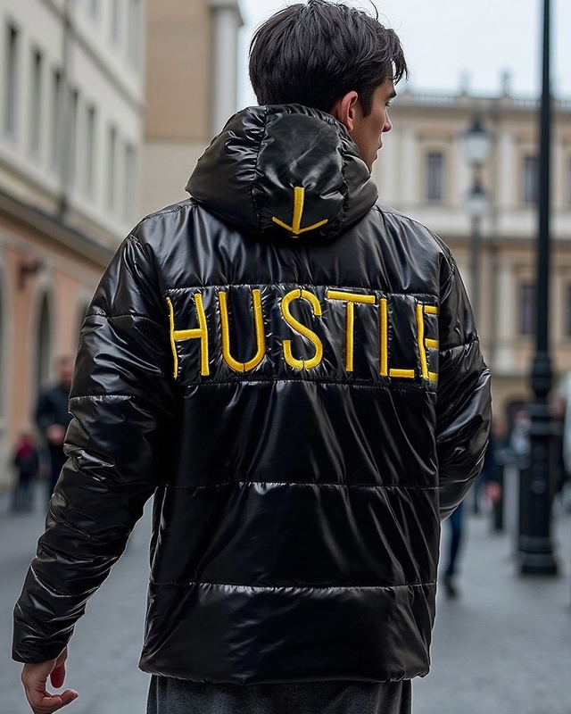 Men's Black Shine Hustle Typography Oversized Jacket