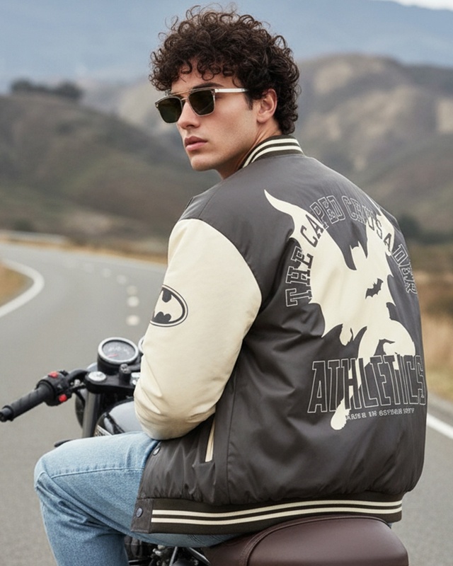 Men's Coffee Brown & Beige Batman Graphic Bomber Jacket